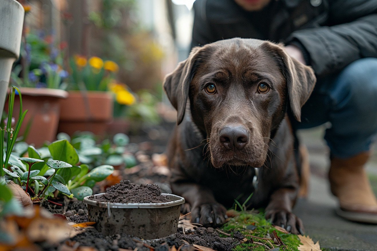 Owner checking black stool with scoop as worried Chocolate Lab watches in garden