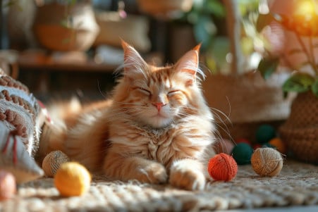 Fluffy orange Maine Coon cat lying on a patio, engaged with toys in a warm, inviting environment