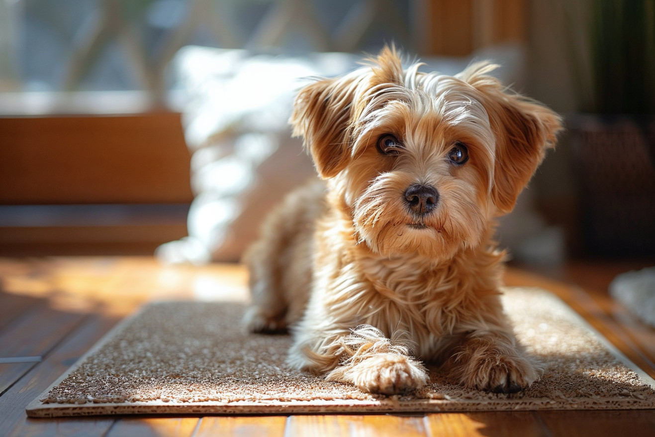 Playful fluffy brown dog pawing at a scratching board on hardwood floor in sunlight