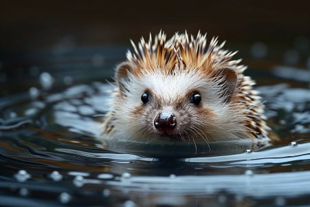 A brown and white hedgehog swimming in a shallow water tub with a content expression