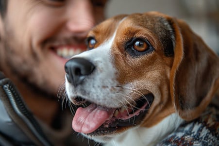 Male owner inspecting a friendly Beagle's teeth, with a warm living room in the background