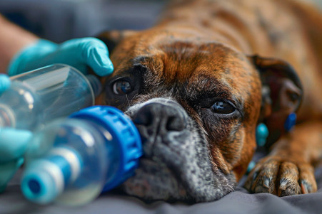 Boxer dog lying down with an oxygen mask in a veterinary clinic