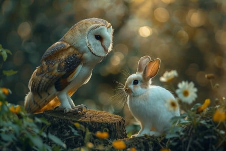 Majestic Barn Owl with intense gaze perched on a tree stump, white rabbit in front, in a serene moonlit forest clearing