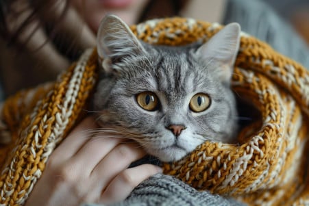 Concerned owner comforting a trembling silver tabby cat wrapped in a blanket at home