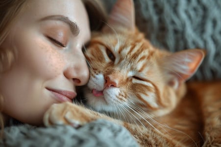 Orange cat affectionately licking the nose of a smiling female owner on a couch