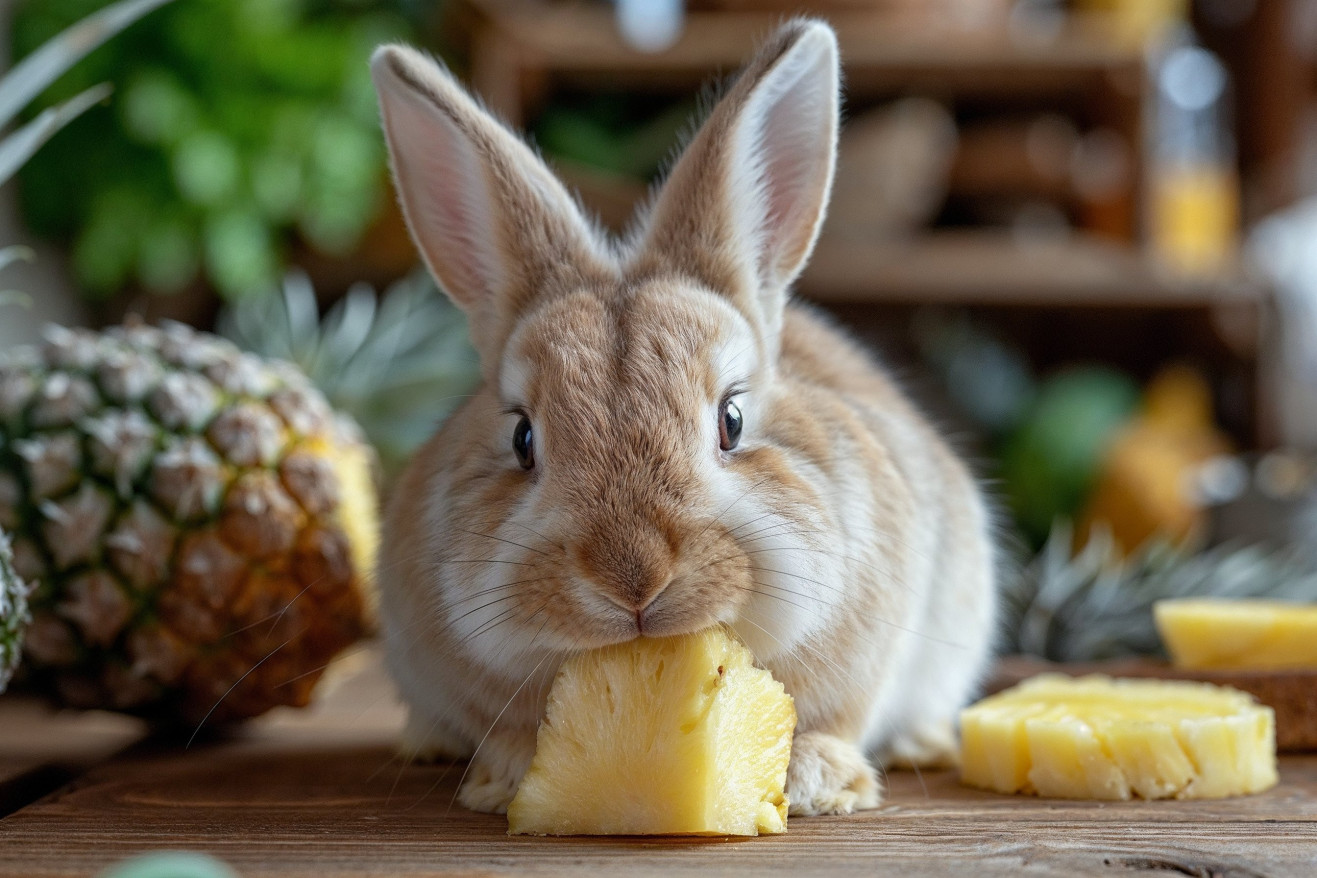 Fluffy white rabbit with upright ears nibbling on fresh pineapple on a wooden surface