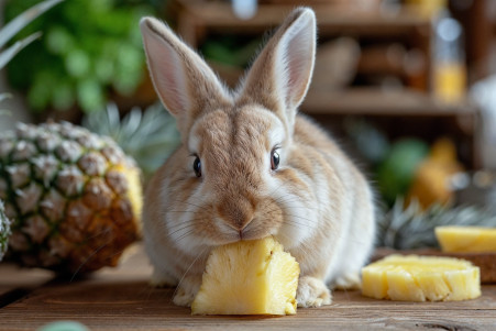 Fluffy white rabbit with upright ears nibbling on fresh pineapple on a wooden surface