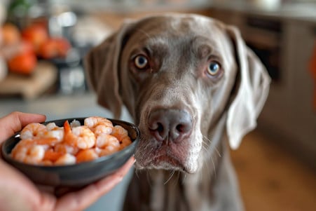 Silver-grey Weimaraner dog waiting obediently for a shrimp offered by a hand in a simple kitchen setting