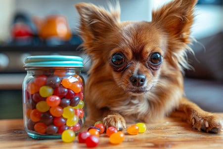 Cute Chihuahua eyeing a sealed jar of colorful jelly beans on a table in a cozy home setting