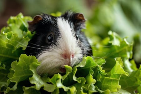 Black and white guinea pig contentedly munching on fresh green lettuce leaves in a well-lit room