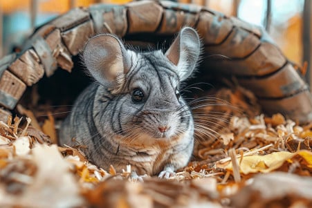 Fluffy grey chinchilla self-grooming inside a clean cage with wood shavings