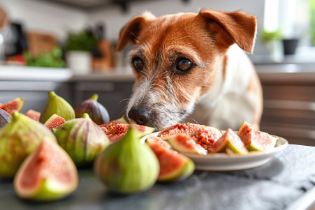 Curious Jack Russell Terrier sniffing a cut-open fig on a kitchen counter