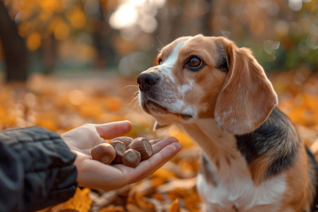 Relaxed Beagle sitting on leaf-covered ground, gently receiving a chestnut from a person's hand