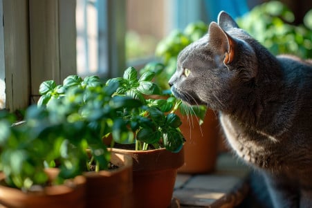 Russian Blue cat sniffing fresh basil leaves in a pot on a sunny kitchen windowsill