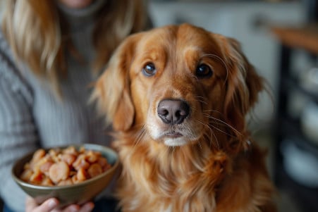 Attentive Golden Retriever about to be fed a bowl of cooked chicken gizzards in a cozy kitchen setting