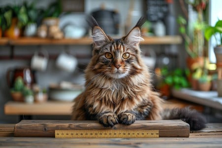 Large Maine Coon cat sitting next to a ruler in a spacious living room, emphasizing its size