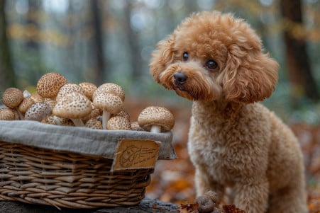 Healthy Poodle looking at a basket of dog-safe mushrooms in a woodland setting