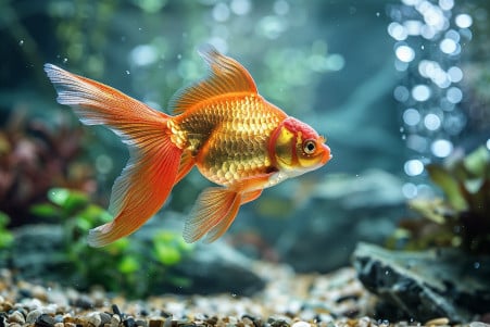 Bright orange goldfish swimming in a clean aquarium with a visible filter and healthy aquatic plants