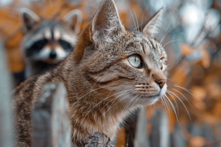 Vigilant grey tabby cat perched on a fence at dusk, focusing on a blurred raccoon in a suburban backyard