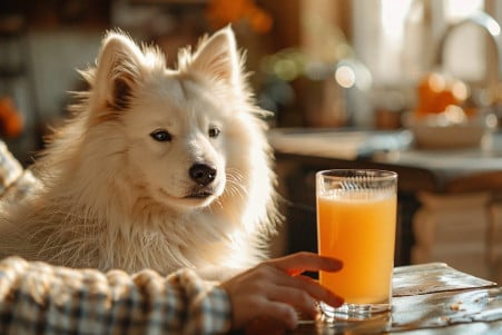 Concerned owner holding orange juice away from an inquisitive Samoyed in a bright kitchen