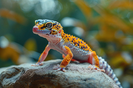 Healthy Leopard Gecko with a plump tail resting on a rock inside a terrarium with background foliage