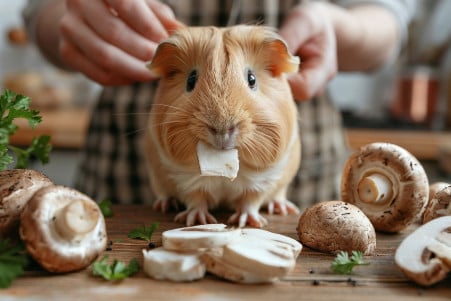 Brown and white guinea pig sniffing a small piece of white mushroom on a wooden table in a blurred kitchen setting