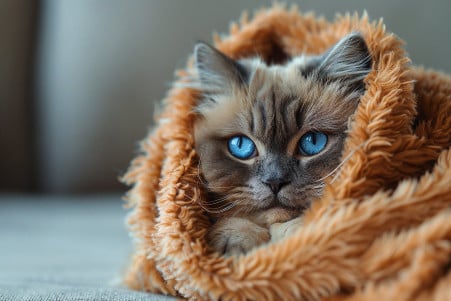Fluffy blue-eyed Persian cat wrapped in a blanket looking lethargic, in a clean home environment