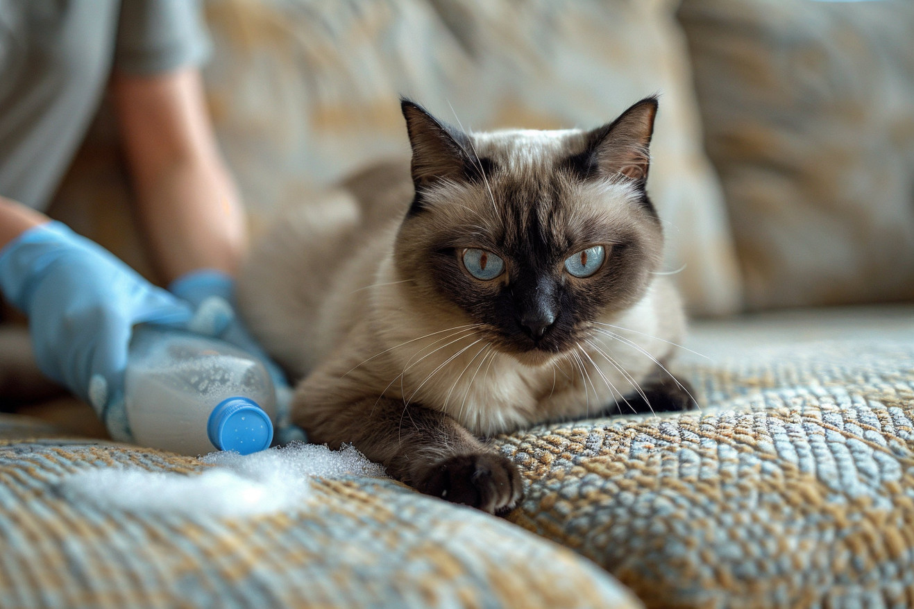 Concerned owner cleaning a couch with enzymatic cleaner, guilty Siamese cat watching
