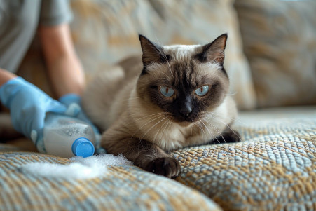 Concerned owner cleaning a couch with enzymatic cleaner, guilty Siamese cat watching