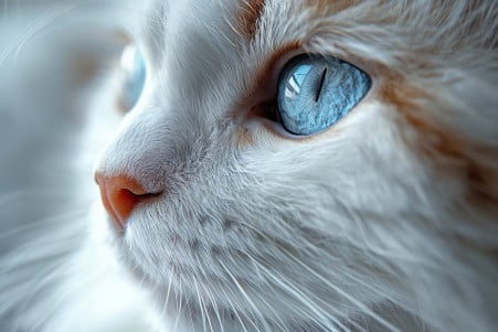 Close-up of a fluffy white cat's face with a focus on its long whiskers against a soft neutral background