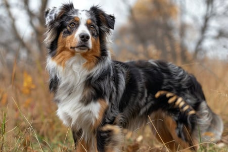 Mature Australian Shepherd standing in a grassy field with intelligent eyes and a lush coat