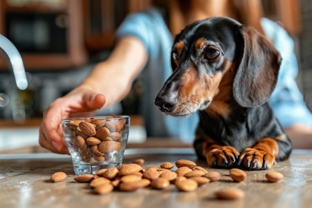Concerned owner stopping a Dachshund from eating almonds on a kitchen table
