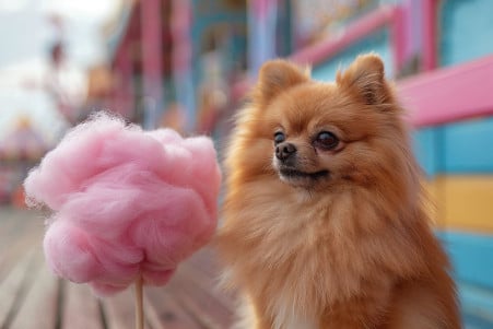 Small Pomeranian with a golden coat sitting by pink cotton candy at a vibrant fairground