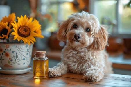 Small dog sitting at a kitchen table with a bottle of sunflower oil and a pot of sunflowers, looking curious