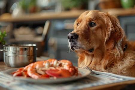 Golden Retriever sitting at the dinner table, eyeing a piece of cooked lobster on a plate