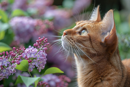 Alarmed Abyssinian cat backing away from a flowering lilac plant