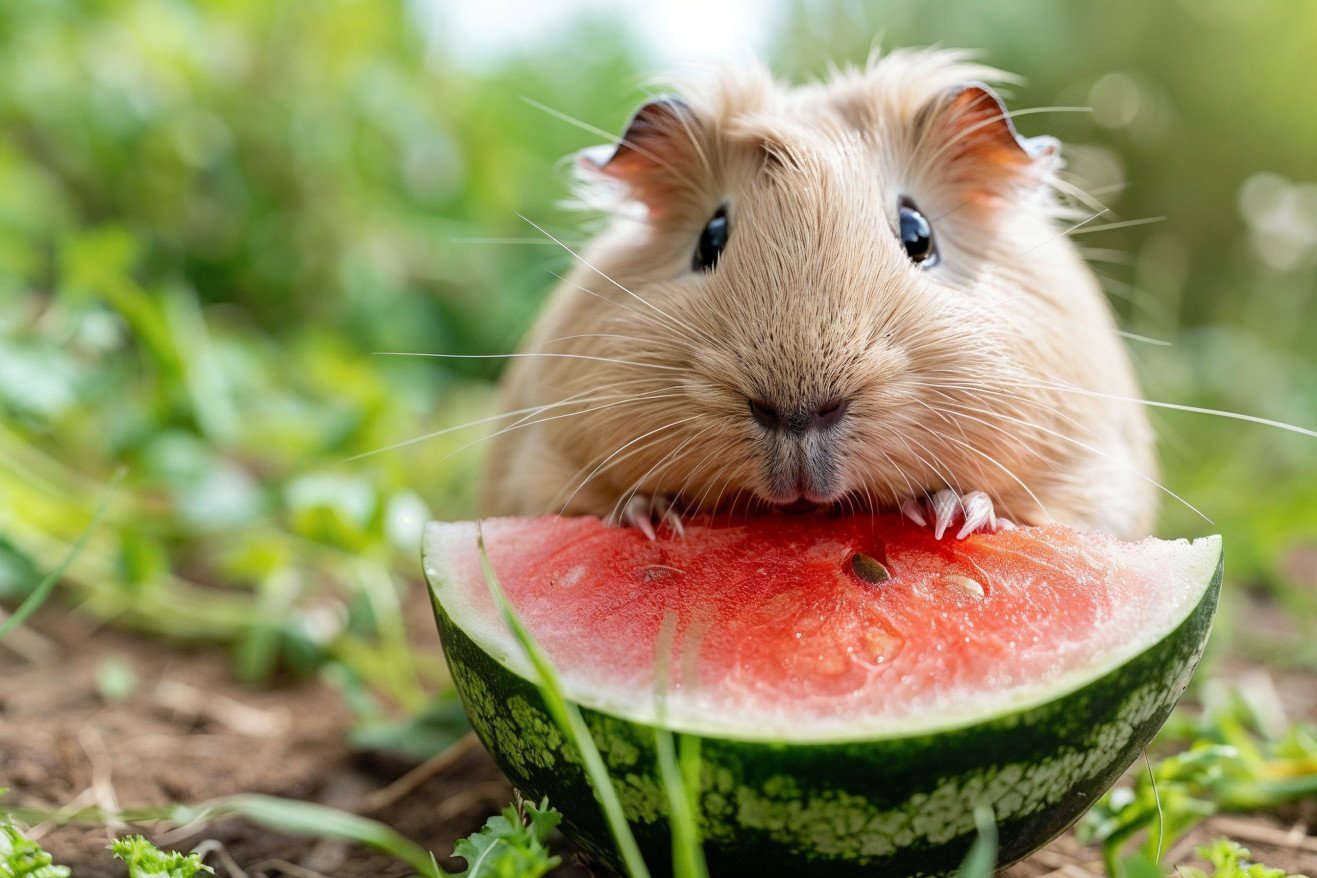 Brown guinea pig nibbling on a piece of watermelon in a grassy area with watermelon rinds in the background