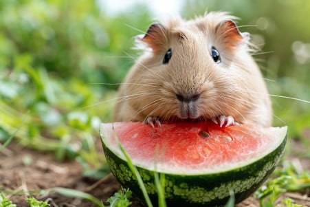 Brown guinea pig nibbling on a piece of watermelon in a grassy area with watermelon rinds in the background