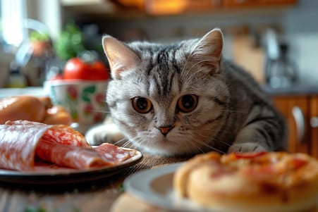 British Shorthair cat hesitantly eyeing a slice of salami on a kitchen counter, with baked chicken in the background