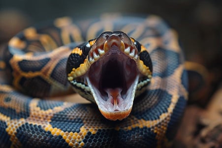 Ball python with brown and black patterns, yawning in a terrarium setting