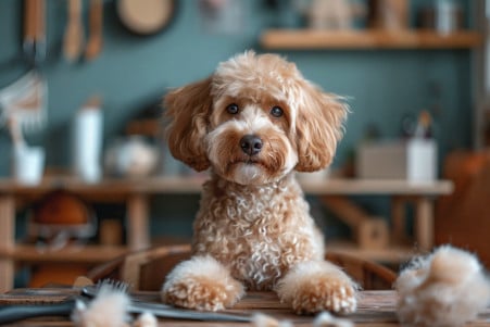 Playful Goldendoodle sitting next to grooming tools with visible tufts of shed hair in a home setting