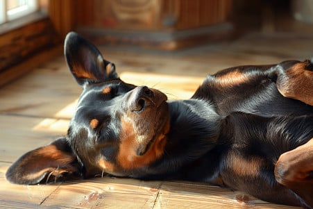 Relaxed male Doberman lying on its back in a sunny living room, belly and nipples exposed