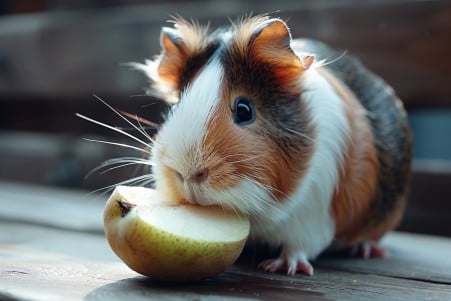 Glossy, tri-colored Abyssinian guinea pig sniffing a pear slice indoors with natural lighting
