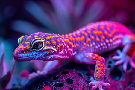 Colorful Leopard Gecko under a UVB lamp in a terrarium, highlighting its vibrant skin and the lighting's glow