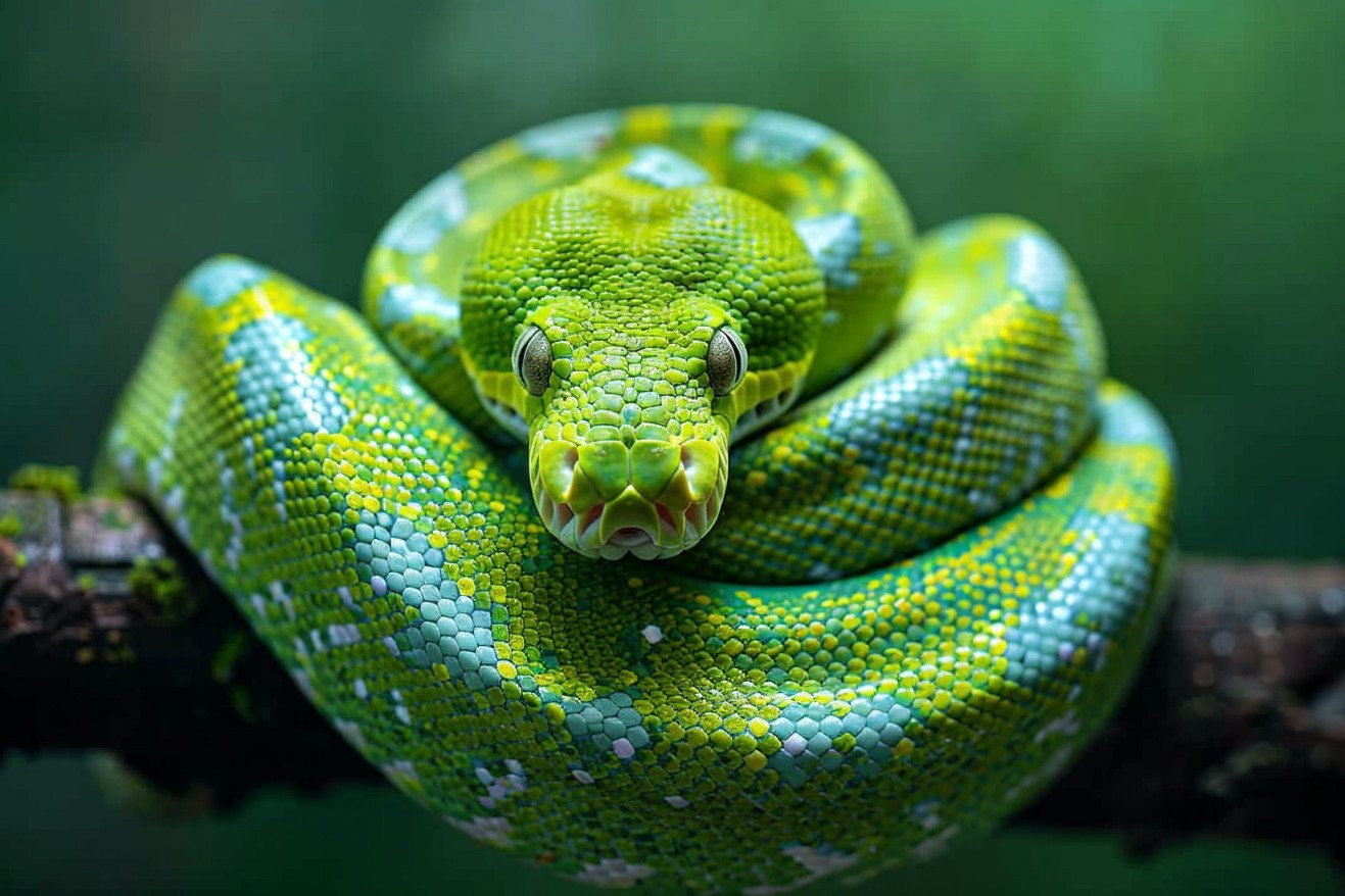 Healthy green python curled up on a branch, showcasing its curious expression against a blurred natural background