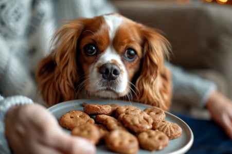 Man holding a plate of dog-safe biscuits away from an eager Cavalier King Charles Spaniel in a cozy living room