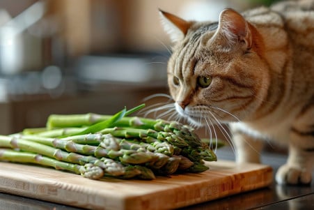 Domestic short-haired cat sniffing fresh asparagus on a kitchen chopping board
