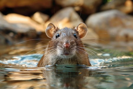 Brown rat with sleek fur swimming in clear water with urban stone structures in the background
