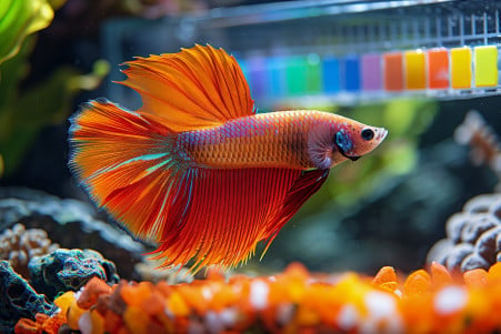 Siamese Fighting fish in a clear aquarium with crushed coral and a pH test kit