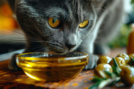 Russian Blue cat examining a bowl of olive oil in a bright kitchen, with olives beside the bowl